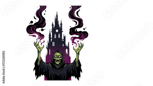 Enigmatic Fortress: A spooky cartoon depiction of a mysterious dark castle and hands and smoke in the dark night sky, conveying the essence of terror, and gothic architecture. 