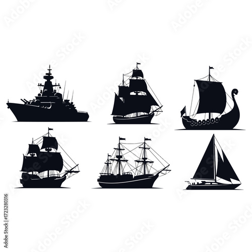Silhouette Collection of Various Ships.