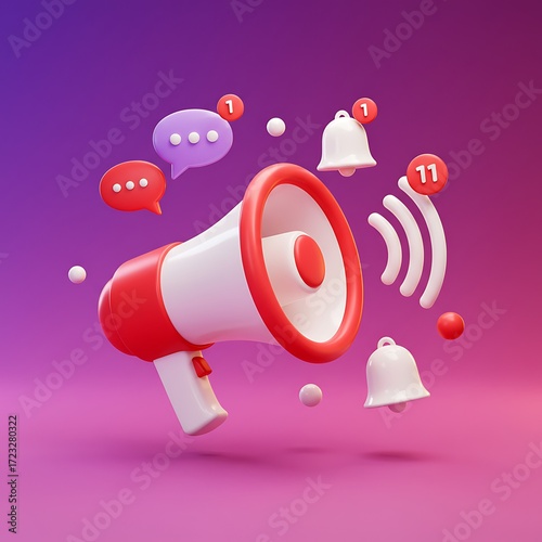 3d illustration of a red and white megaphone emitting sound waves, accompanied by chat bubbles and notification bells on a purple and pink gradient background