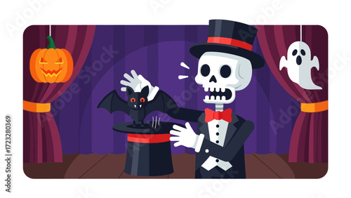 Halloween Spectacle: A spooky skeleton, dressed in a top hat and tuxedo, performs a captivating magic trick with a bat emerging from his hat.