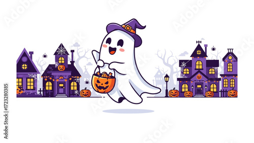 Halloween Ghost: An adorable cartoon ghost, complete with a witch's hat, is happily trick-or-treating on a spooky Halloween night. A playful illustration for your holiday design projects.