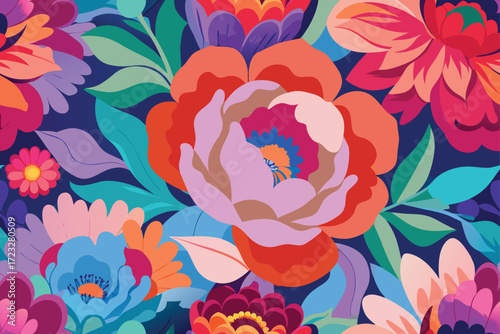 Close-up of a vibrant, abstract floral arrangement with large, colorful, layered petals and leaves flowers