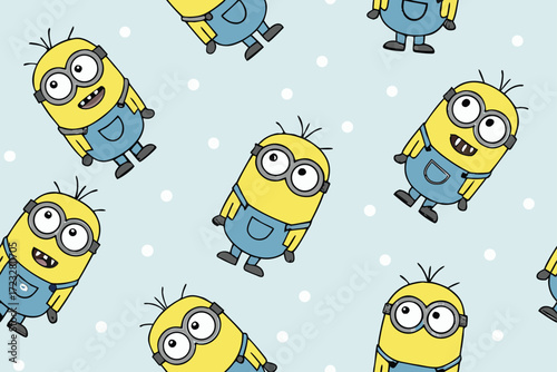 Cute Yellow Minions Characters with Blue Overalls on a Light Blue Background Keywords: minion, character, cartoon, cute, yellow, blue, overalls