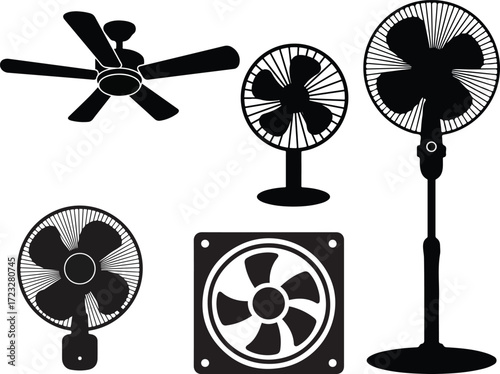 Collection of various fan types including ceiling fan, pedestal fan, desk fan, and ventilation fan in silhouette