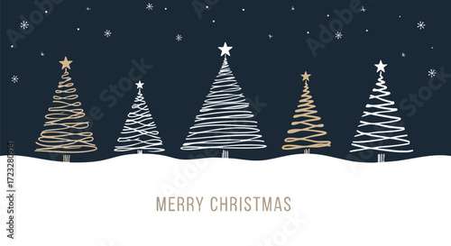 Elegant minimalist Christmas trees with stars and falling snow create a festive winter scene perfect for holiday greetings