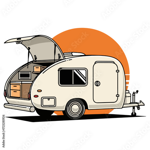 Camping trailer illustration with open door and sunset background.