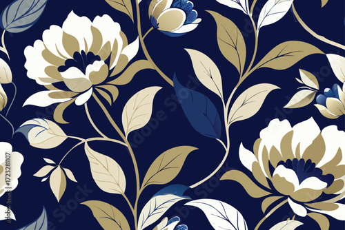 Elegant floral pattern of large golden and white flowers on a dark navy blue background vector illustration