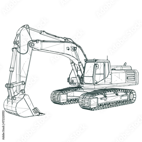 Technical line art illustration of a heavy duty excavator.