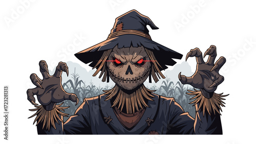 Spooky Scarecrow in the Cornfield: A chilling scarecrow with glowing red eyes and outstretched hands emerges from a cornfield, evoking the eerie essence of fall and halloween.