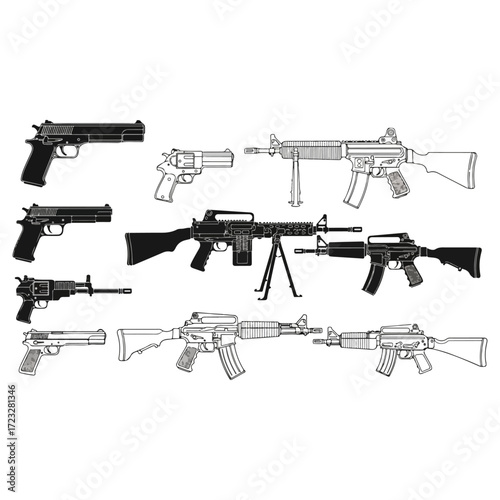 Vector Illustration Set of Various Firearms and Weapons.