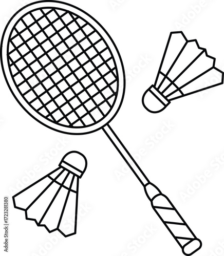 Badminton racket and two shuttlecocks line art sports equipment