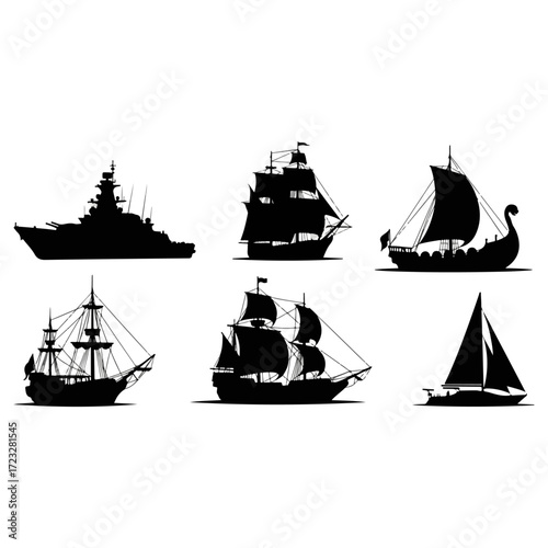 Collection of Six Black Silhouettes of Various Ships.