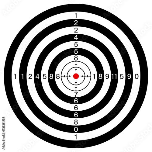 Classic Black and White Shooting Target with Red Bullseye.