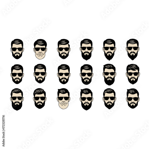 Collection of mens faces with various beard styles and sunglasses.
