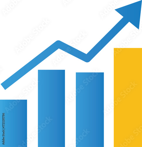 Blue arrow graph rising over bar chart with yellow bar vector