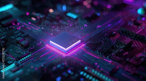 Futuristic Digital Circuit Board with Vibrant Neon Lights Radiating from Central Chip
