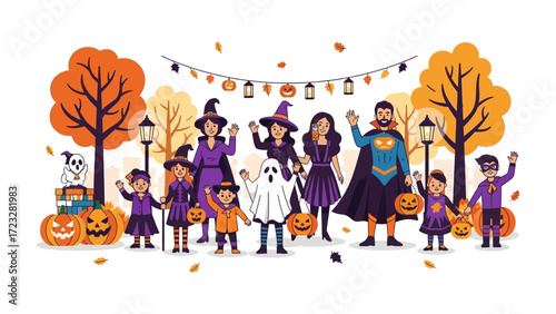 Happy Halloween gathering: A captivating illustration showcases a festive scene of Halloween with a group of individuals in various costumes, illuminated by the gentle glow of Jack-o'-lanterns.