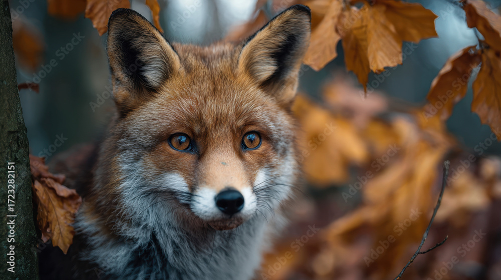Obraz premium Foxy animal with beautiful fur standing among autumn leaves in a forest, showcasing a keen expression and vibrant orange and brown colors in a natural setting.