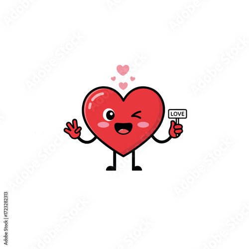 Cute red heart cartoon character winking and holding a love sign.