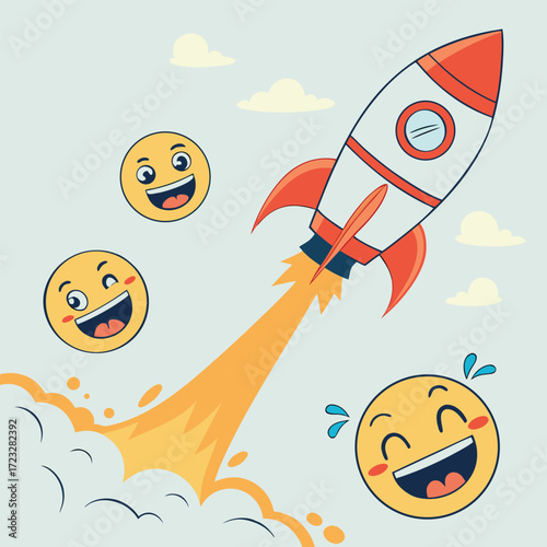 Excited emojis cheer as rocket launches into space symbolizing success and new beginnings