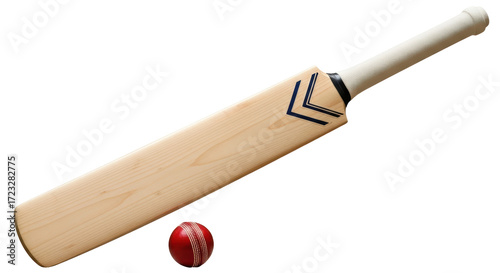 Isolated Cricket bat with red leather ball on ground against clean, simple backdrop