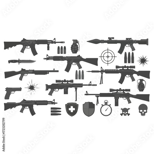 Military Weaponry Icons - Rifles, Pistols, and Ammunition.