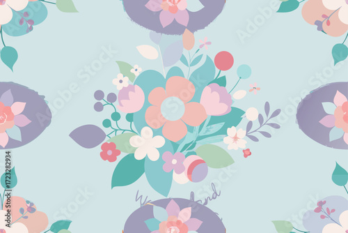 Pastel Floral Bouquet Pattern with Handwritten Text on Light Blue Background flowers