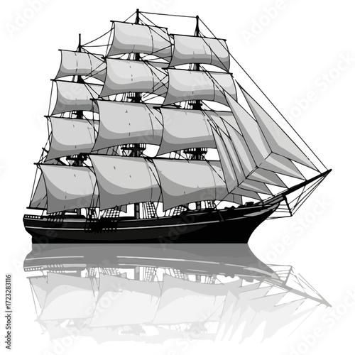 Majestic Tall Ship with Full Sails Reflected on Water.