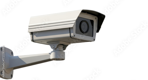 Isolated security camera mounted on metal bracket, digital surveillance recording device