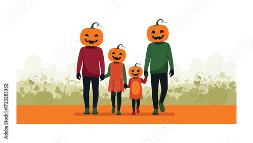 Halloween Pumpkin Family: An illustration of a family adorned in pumpkin-headed costumes, joyfully strolling along a path, a perfect embodiment of autumn festivity.