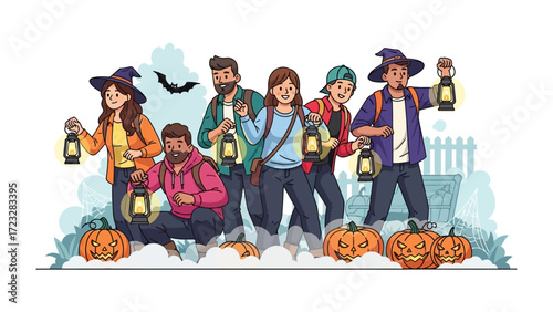 Halloween Lantern Gathering: A group of friends and family embarking on a magical Halloween adventure, armed with lanterns, pumpkins, and witch hats, ready to light up the spooky night.