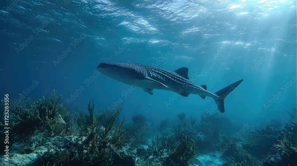 Fototapeta premium Majestic Whale Shark Gliding Through Clear Blue Ocean With Sunlight Streaming Down Beneath the Surface