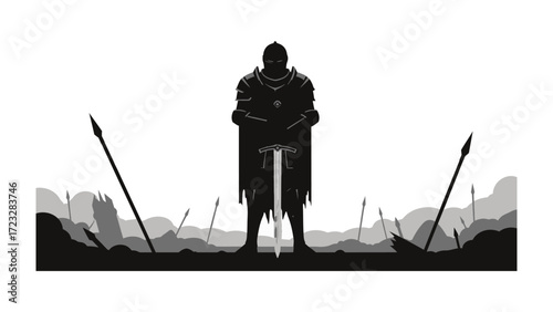 Guardian of the Battlefield: A stoic knight stands victorious on the battlefield, his silhouette a testament to resilience. Against a simple backdrop, the knight's form exudes strength, resolve.