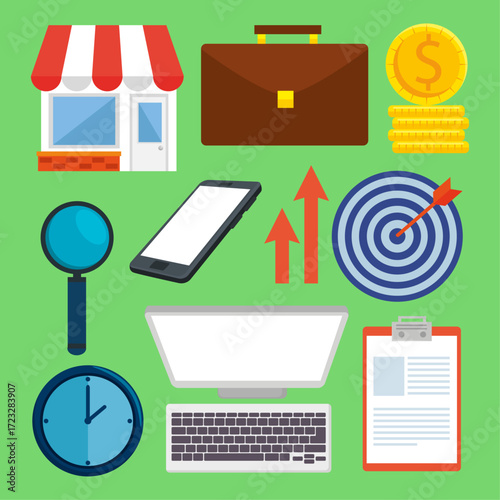 Business and Marketing Essentials A Vector Illustration of Key Icons and Concepts