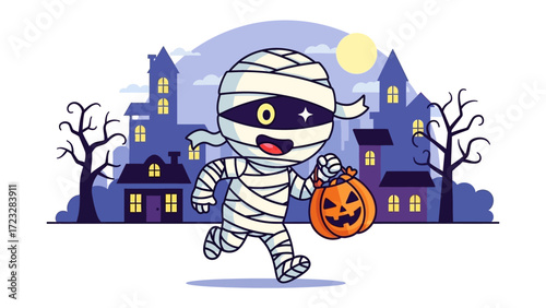 Halloween Mummy and Pumpkin: A spirited mummy gleefully runs through a cartoonish cityscape, clutching a glowing jack-o'-lantern, ready for trick-or-treating under the full moon's eerie light.