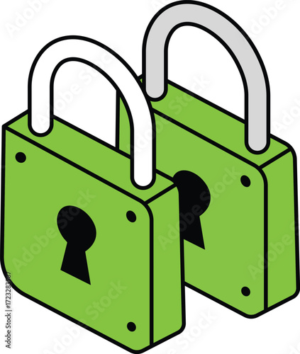 Two green padlocks with white and grey shackle on white background security safety