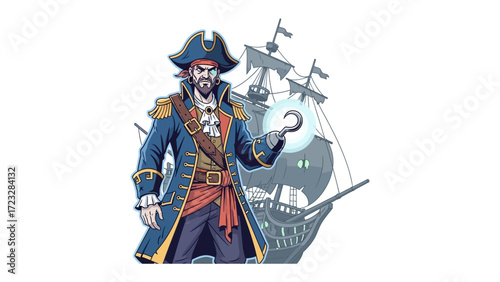 Pirate Captain and Ship: An illustrated depiction of a stern pirate captain, hand on hip, with a ship, set sail in the background, ready for adventure.