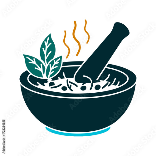 Herbal Medicine: Mortar and Pestle with Steam Mortar and pestle with steam swirls rising blending into a single delicate leaf Herbal Anointing