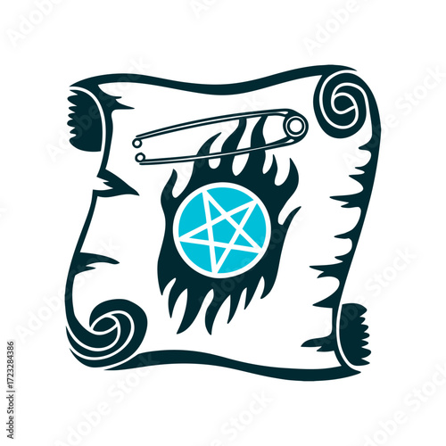 Punk Magic: Safety Pin Piercing Parchment with Pentagram Punk Hex safety pin piercing a torn parchment rebellious magic