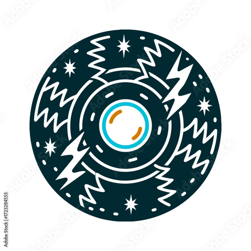 Abstract Circle with Stars and Lightning Bolts Disco Gnosis strobe lights afterimage burned into a circle ecstatic trance