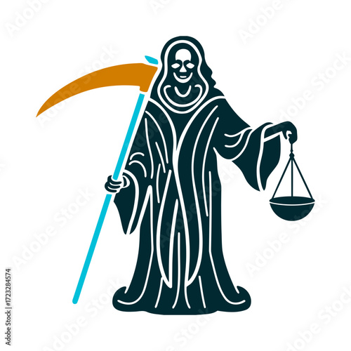 Santa Muerte Minimalist Icon Holding Scythe and Scales Santa Muerte Minimalist skeletal figure in a robe holding a scythe or scales