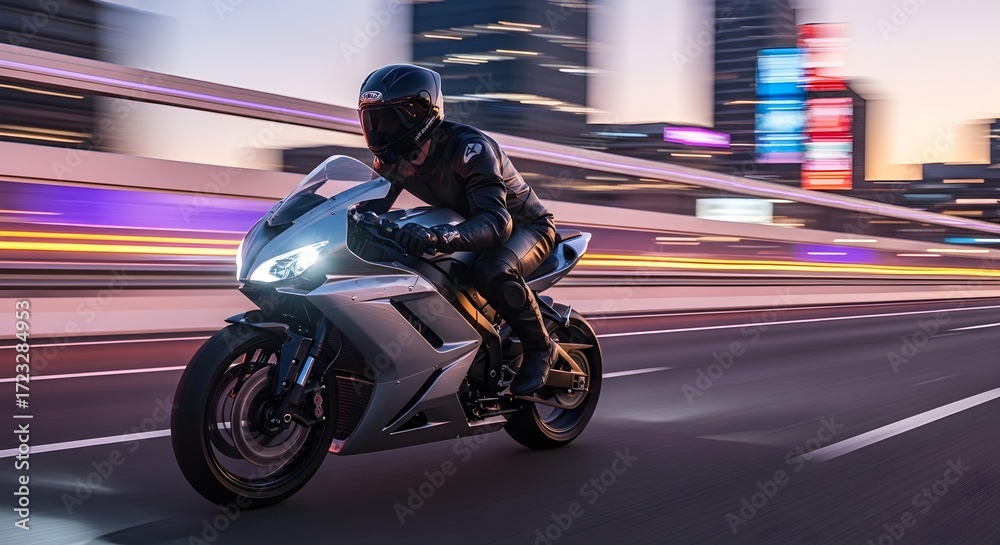 Fototapeta premium Motorcycle on the move through city streets with lights reflecting, showcasing motion and speed