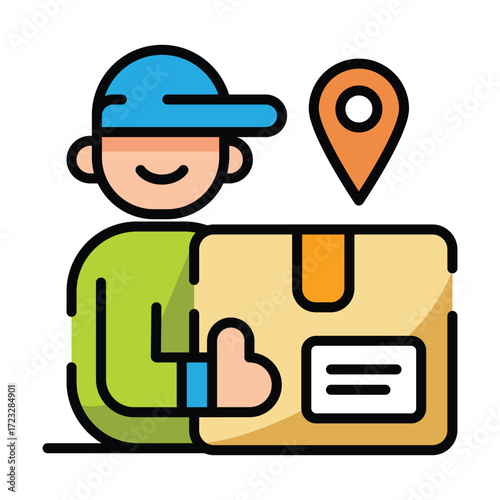 Delivery person holding a package with a location pin icon
