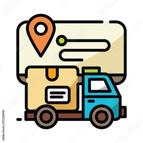 Delivery truck carrying a box with a map and location pin
