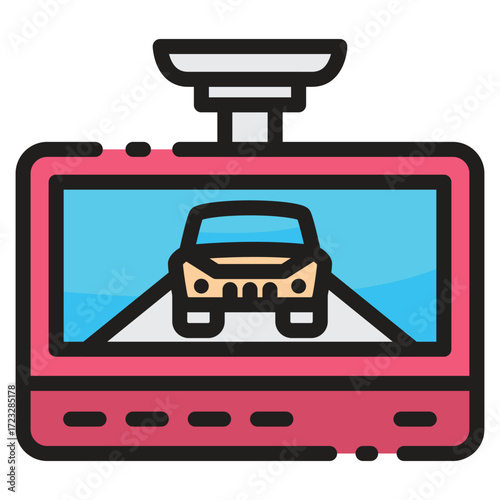 Digital dashcam displays a car driving on a road