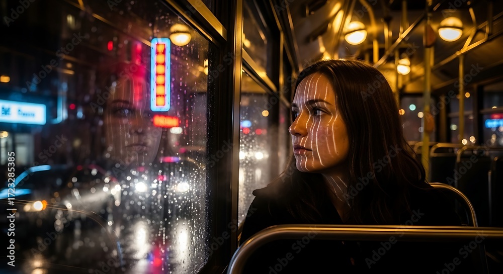 Fototapeta premium Woman on Night Bus Looking Out at Rain.
