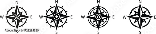 Compass rose flat icon set. Navigation symbol with north, south, east and west directions, wind rose design, travel map orientation illustration, nautical graphic element for guidance and exploration.