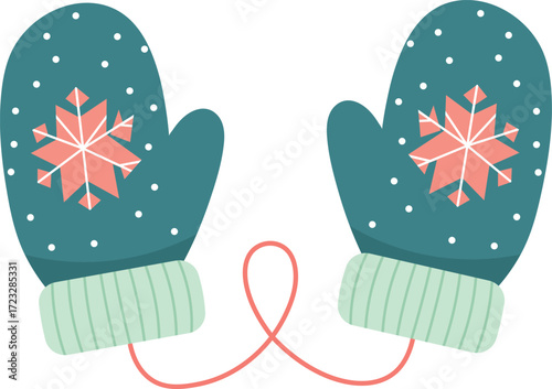 Teal Mittens with Pink Snowflakes and Mint Cuffs Connected by String winter