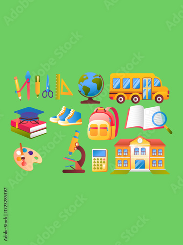 Vector illustration set of school supplies and educational items for a back to school concept