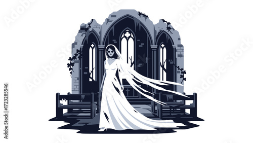 Ghost Bride in Ruins: A spectral bride in a flowing white dress stands hauntingly within the weathered arches of an old stone ruin, exuding an aura of ghostly elegance and eternal love.